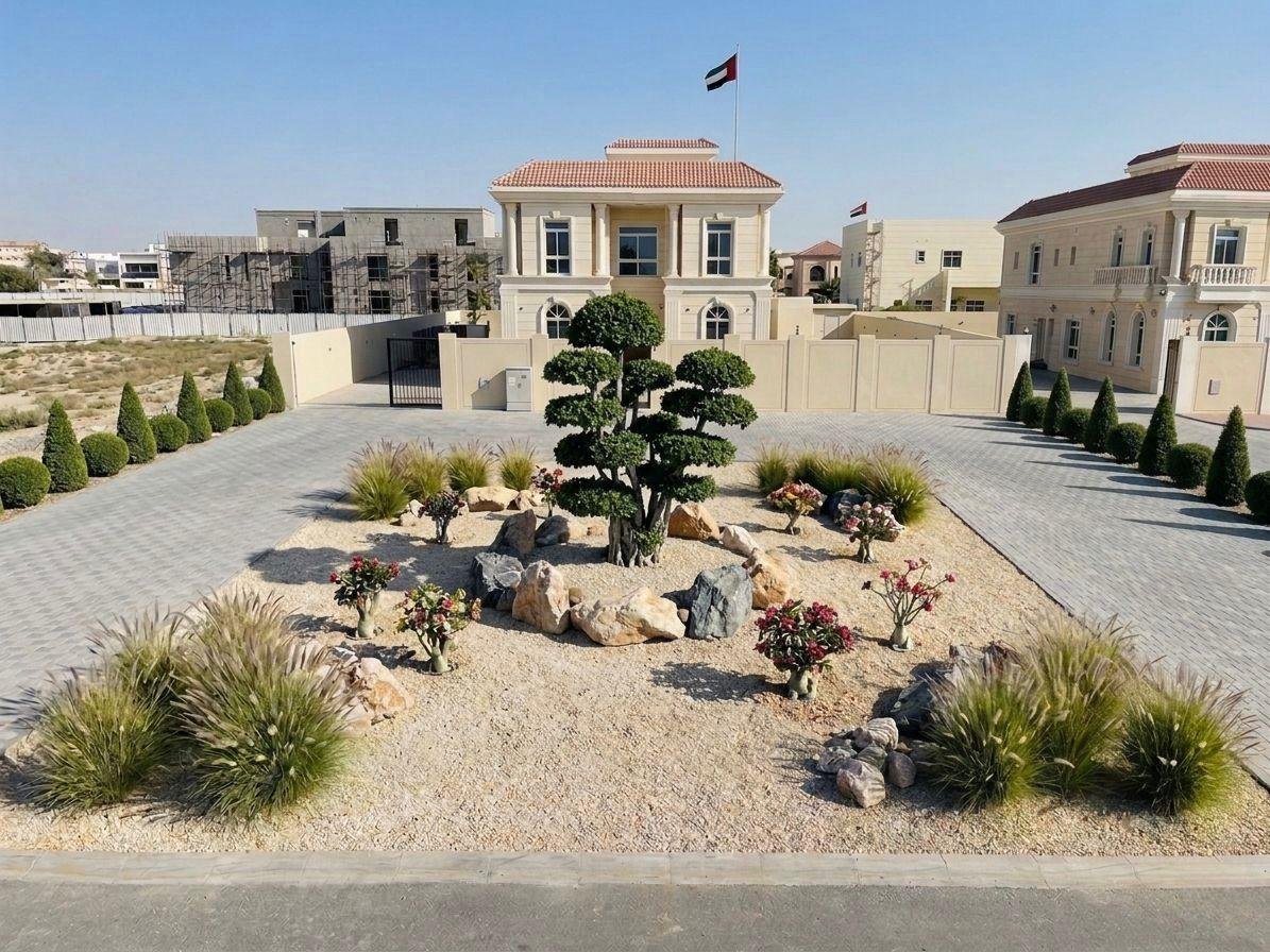 Rock garden landscape design at a villa entrance
